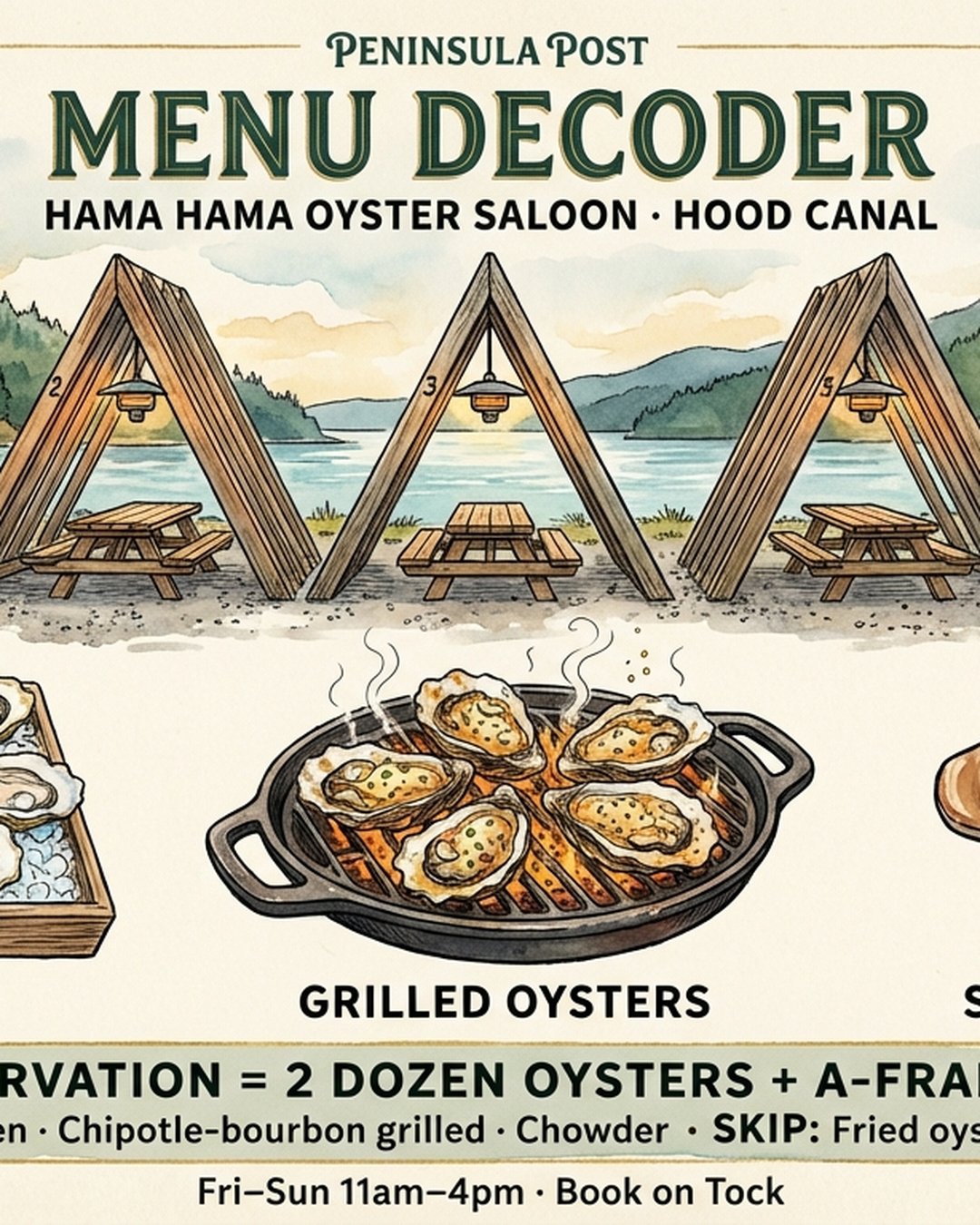 Peninsula Post, the Hama Hama Oyster Saloon menu decoder.